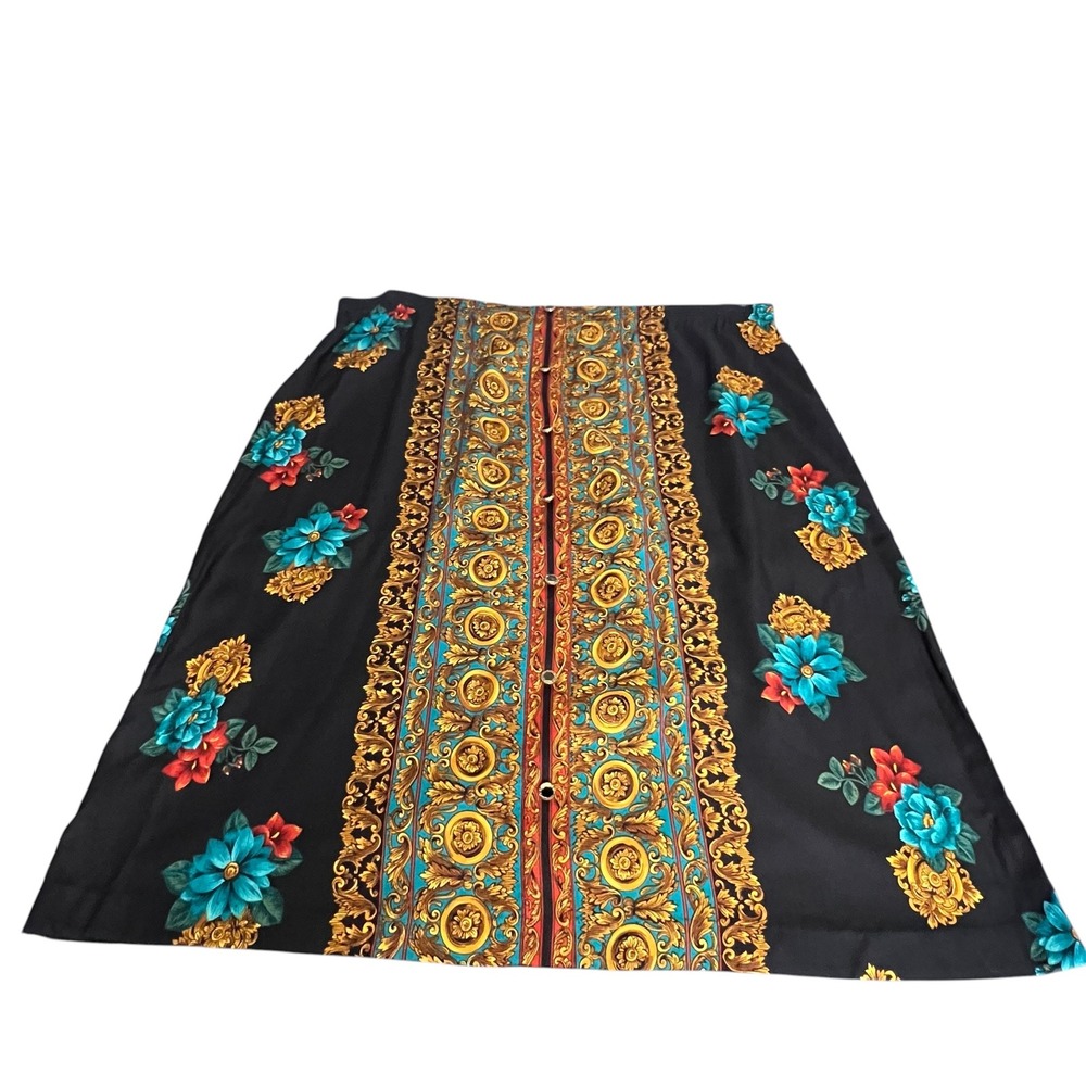 Cricket Lane Vintage 90s Floral Baroque Button Front Midi Skirt Black‎ Gold 20
